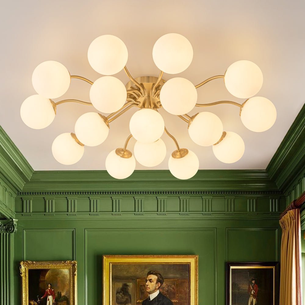 Starburst Ceiling Light with Frosted Globe Shades – Mid-Century Modern Semi-Flush Mount Fixture in Gold Tone
