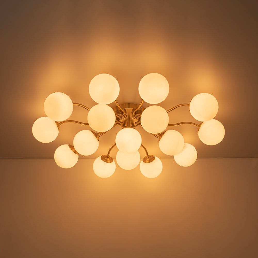 Starburst Ceiling Light with Frosted Globe Shades – Mid-Century Modern Semi-Flush Mount Fixture in Gold Tone