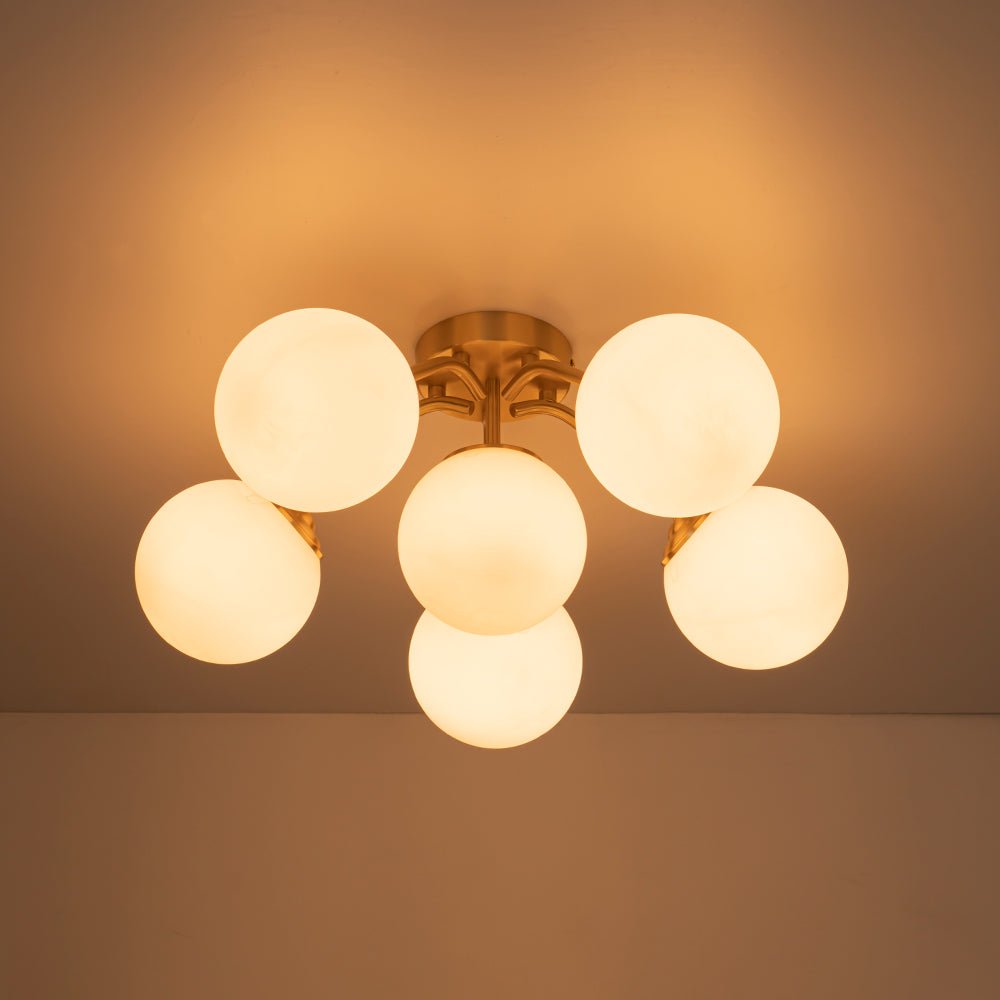 Starburst Ceiling Light with Frosted Globe Shades – Mid-Century Modern Semi-Flush Mount Fixture in Gold Tone
