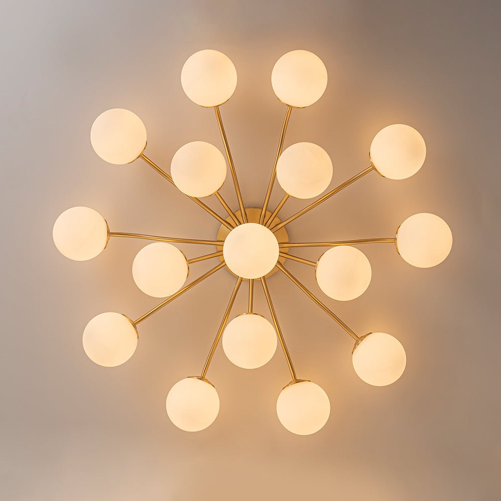Starburst Ceiling Light with Frosted Globe Shades – Mid-Century Modern Semi-Flush Mount Fixture in Gold Tone