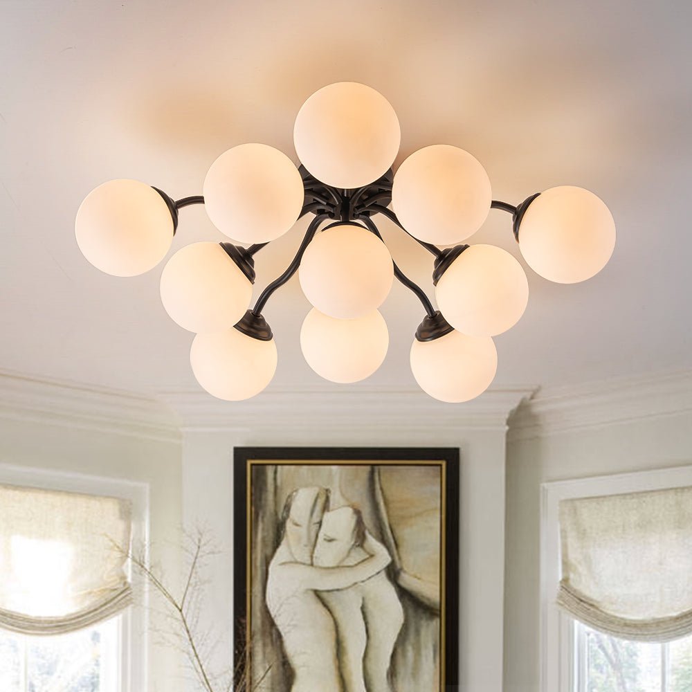 Starburst Ceiling Light with Frosted Globe Shades – Mid-Century Modern Semi-Flush Mount Fixture in Gold Tone