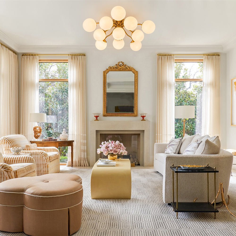 Starburst Ceiling Light with Frosted Globe Shades – Mid-Century Modern Semi-Flush Mount Fixture in Gold Tone
