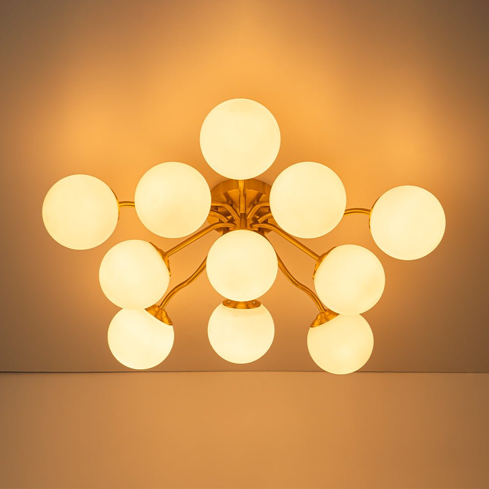 Starburst Ceiling Light with Frosted Globe Shades – Mid-Century Modern Semi-Flush Mount Fixture in Gold Tone