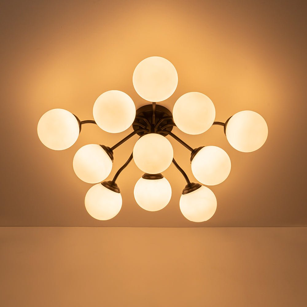 Starburst Ceiling Light with Frosted Globe Shades – Mid-Century Modern Semi-Flush Mount Fixture in Gold Tone