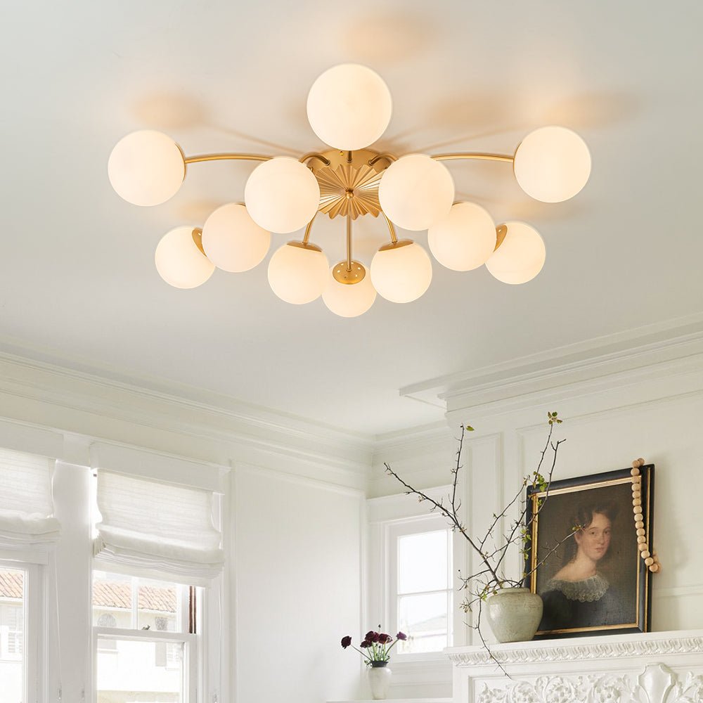 Frosted Globe Semi Flush Ceiling Light 12-Arm Brass Starburst Chandelier for Dining Room Mid Century Modern