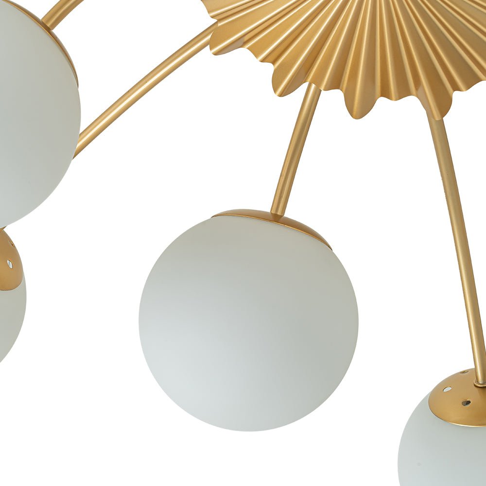 Frosted Globe Semi Flush Ceiling Light 12-Arm Brass Starburst Chandelier for Dining Room Mid Century Modern