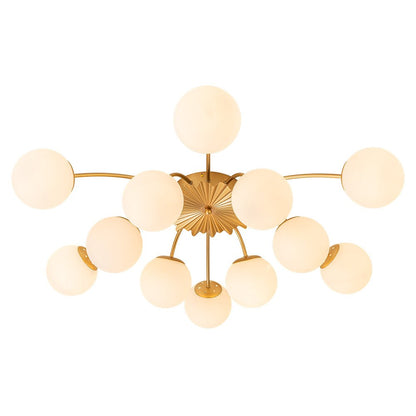 Frosted Globe Semi Flush Ceiling Light 12-Arm Brass Starburst Chandelier for Dining Room Mid Century Modern