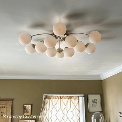 Frosted Globe Semi Flush Ceiling Light 12-Arm Brass Starburst Chandelier for Dining Room Mid Century Modern