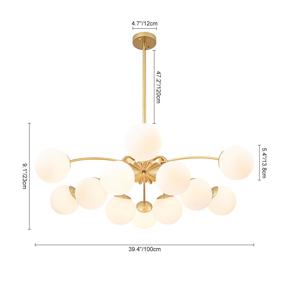 Frosted Globe Semi Flush Ceiling Light 12-Arm Brass Starburst Chandelier for Dining Room Mid Century Modern