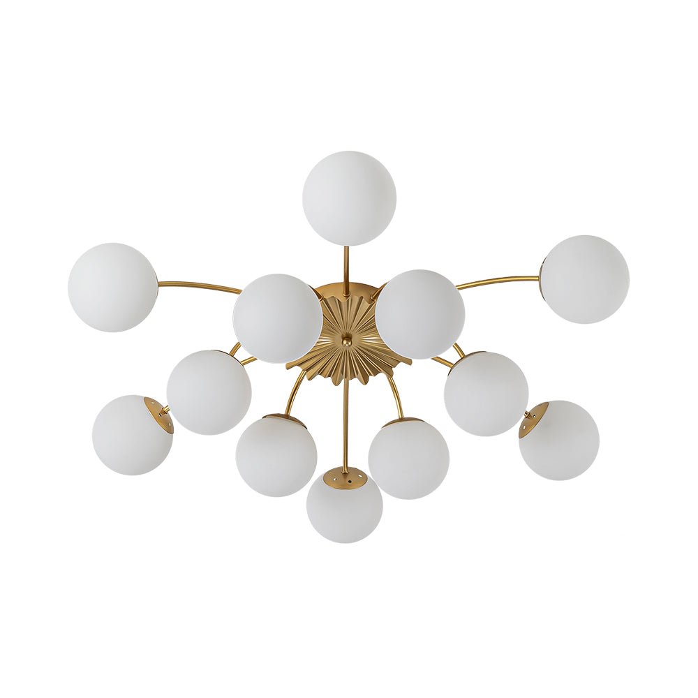Frosted Globe Semi Flush Ceiling Light 12-Arm Brass Starburst Chandelier for Dining Room Mid Century Modern