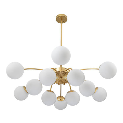 Frosted Globe Semi Flush Ceiling Light 12-Arm Brass Starburst Chandelier for Dining Room Mid Century Modern