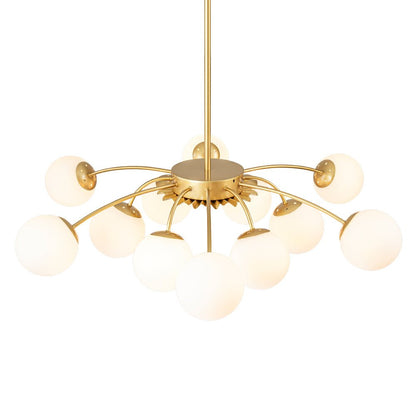 Frosted Globe Semi Flush Ceiling Light 12-Arm Brass Starburst Chandelier for Dining Room Mid Century Modern
