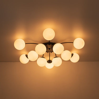 Frosted Globe Semi Flush Ceiling Light 12-Arm Brass Starburst Chandelier for Dining Room Mid Century Modern
