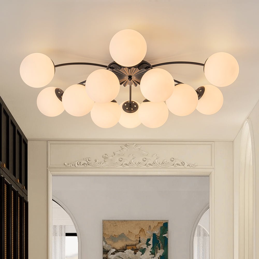 Frosted Globe Semi Flush Ceiling Light 12-Arm Brass Starburst Chandelier for Dining Room Mid Century Modern