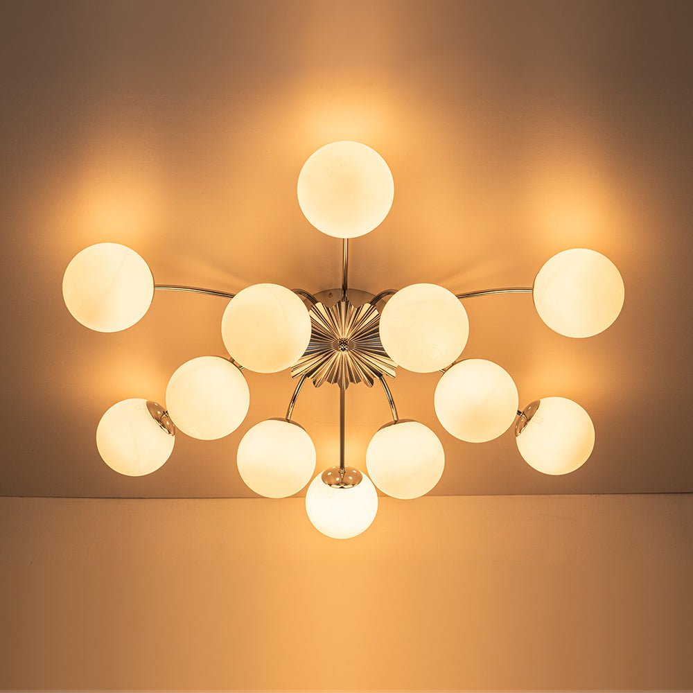 Frosted Globe Semi Flush Ceiling Light 12-Arm Brass Starburst Chandelier for Dining Room Mid Century Modern