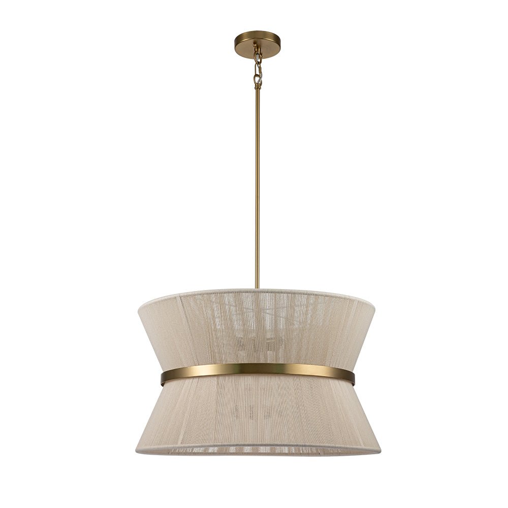 Woven Cotton Rope Drum Chandelier with Adjustable Height – 24 in Brushed Brass Fixture for Kitchen Island, Dining Table & Modern Farmhouse I