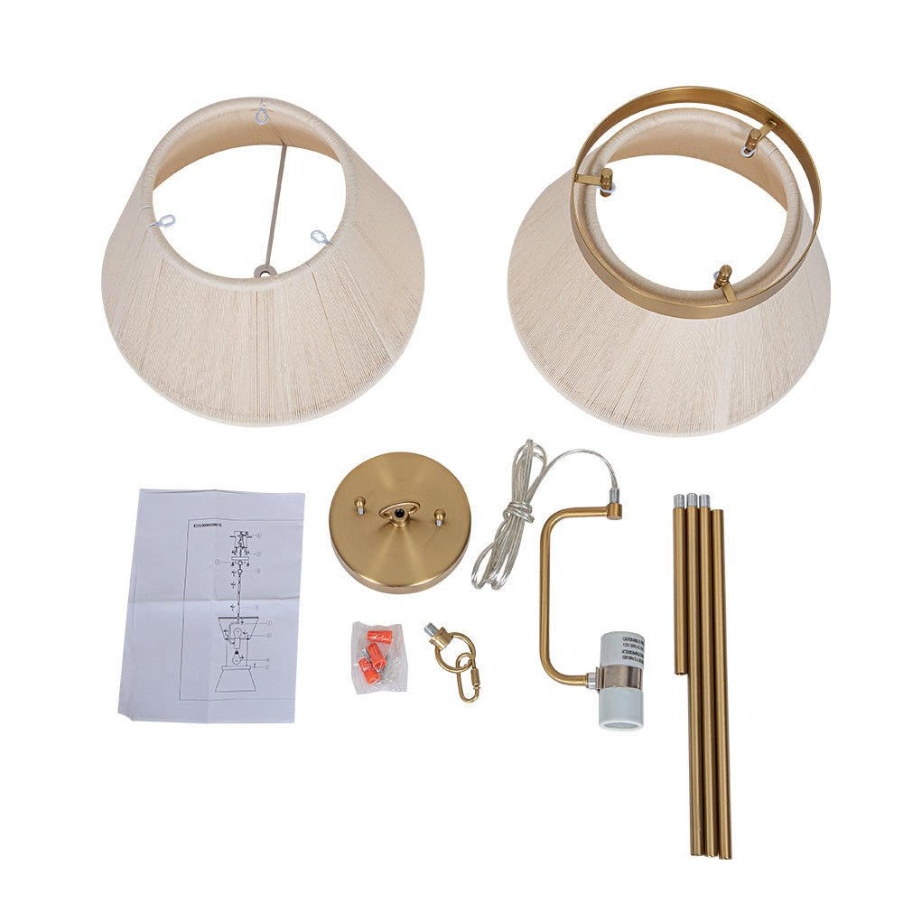 Woven Cotton Rope Drum Chandelier with Adjustable Height – 24 in Brushed Brass Fixture for Kitchen Island, Dining Table & Modern Farmhouse I
