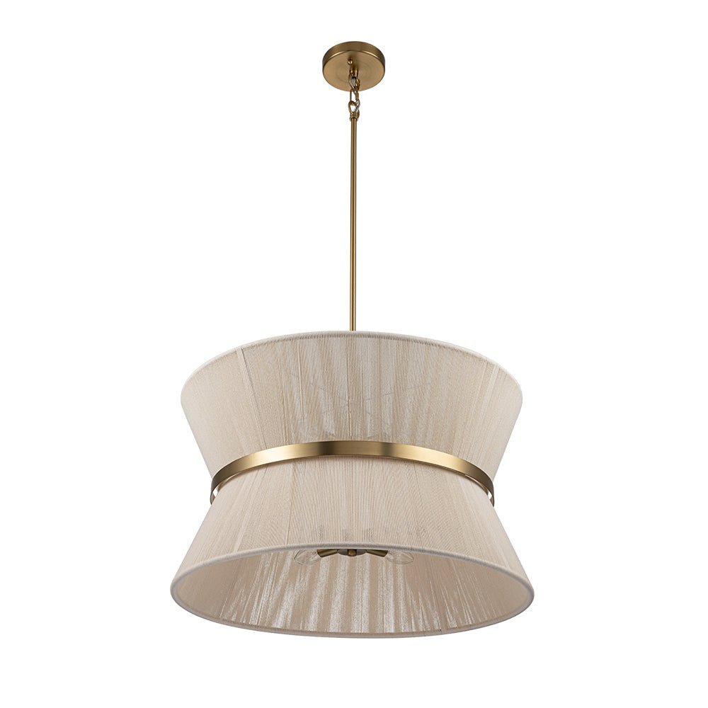 Woven Cotton Rope Drum Chandelier with Adjustable Height – 24 in Brushed Brass Fixture for Kitchen Island, Dining Table & Modern Farmhouse I