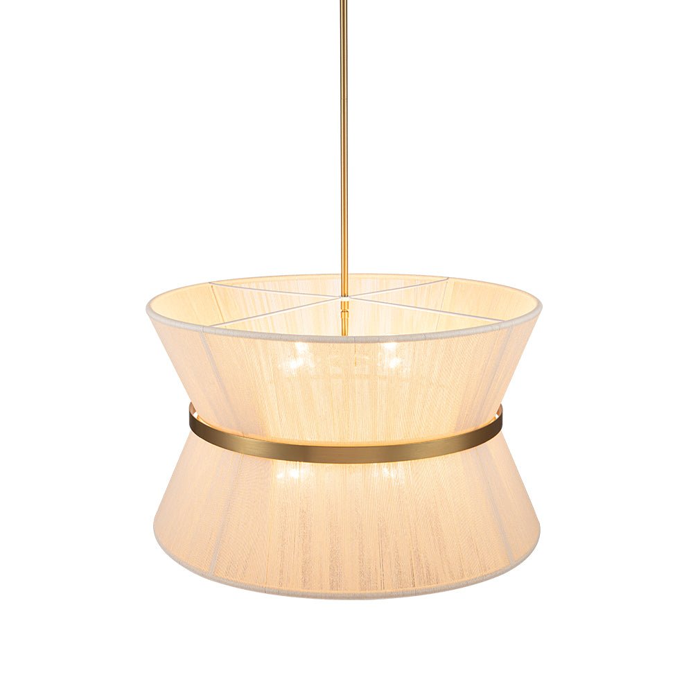 Woven Cotton Rope Drum Chandelier with Adjustable Height – 24 in Brushed Brass Fixture for Kitchen Island, Dining Table & Modern Farmhouse I