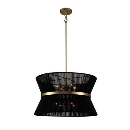 Woven Cotton Rope Drum Chandelier with Adjustable Height – 24 in Brushed Brass Fixture for Kitchen Island, Dining Table & Modern Farmhouse I