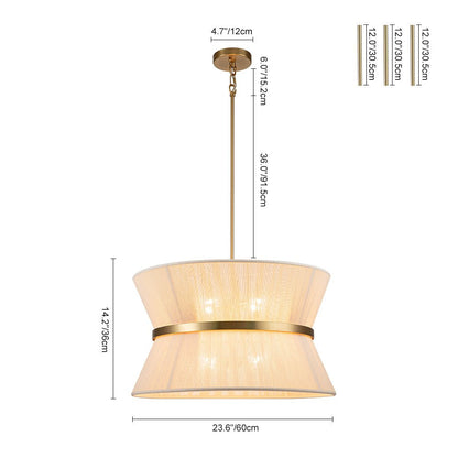 Woven Cotton Rope Drum Chandelier with Adjustable Height – 24 in Brushed Brass Fixture for Kitchen Island, Dining Table & Modern Farmhouse I