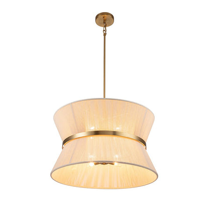 Woven Cotton Rope Drum Chandelier with Adjustable Height – 24 in Brushed Brass Fixture for Kitchen Island, Dining Table & Modern Farmhouse I