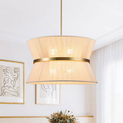 Woven Cotton Rope Drum Chandelier with Adjustable Height – 24 in Brushed Brass Fixture for Kitchen Island, Dining Table & Modern Farmhouse I