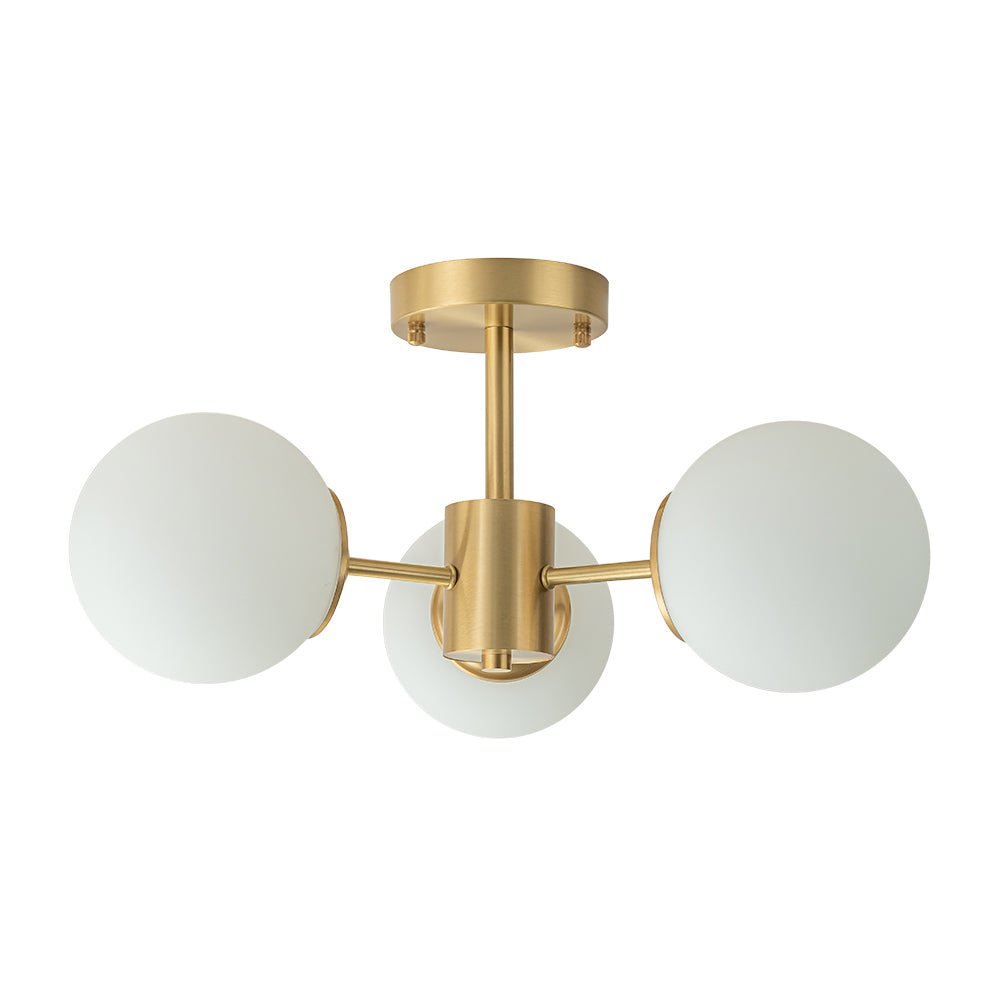 Three-Globe Semi-Flush Mount Light Fixture 19 in Brass Opal Glass for Bedroom Living Room Hallway Mid-Century Modern Ambient Lighting
