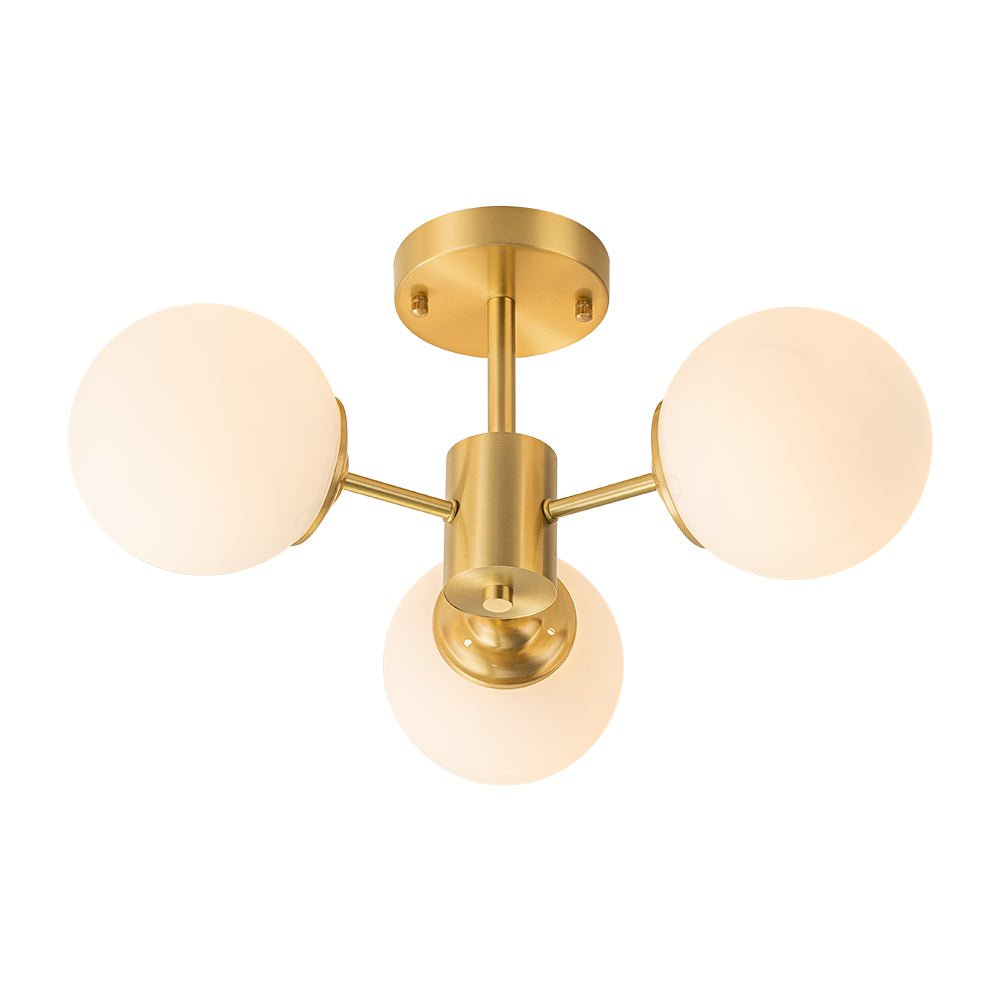 Three-Globe Semi-Flush Mount Light Fixture 19 in Brass Opal Glass for Bedroom Living Room Hallway Mid-Century Modern Ambient Lighting
