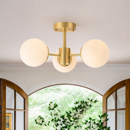 Three-Globe Semi-Flush Mount Light Fixture 19 in Brass Opal Glass for Bedroom Living Room Hallway Mid-Century Modern Ambient Lighting
