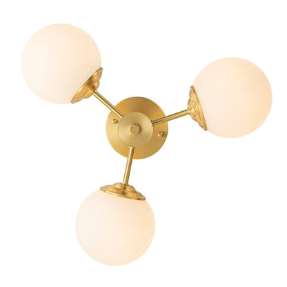 Three-Globe Semi-Flush Mount Light Fixture 19 in Brass Opal Glass for Bedroom Living Room Hallway Mid-Century Modern Ambient Lighting