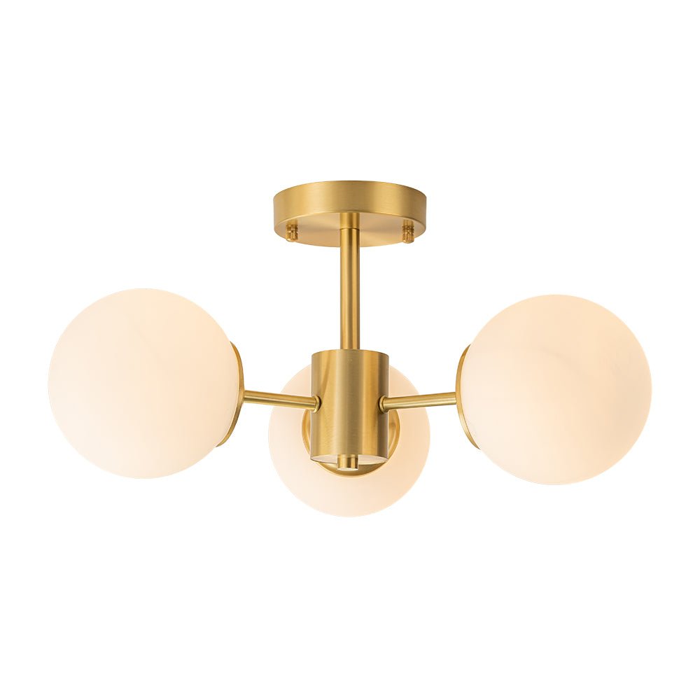 Three-Globe Semi-Flush Mount Light Fixture 19 in Brass Opal Glass for Bedroom Living Room Hallway Mid-Century Modern Ambient Lighting