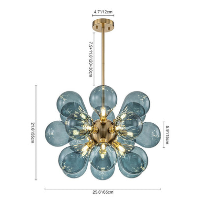 18-Light Glass Globe Ceiling Chandelier Blue Orb Sputnik Design Gold Frame Adjustable Height Hardwired for Dining Room Foyer