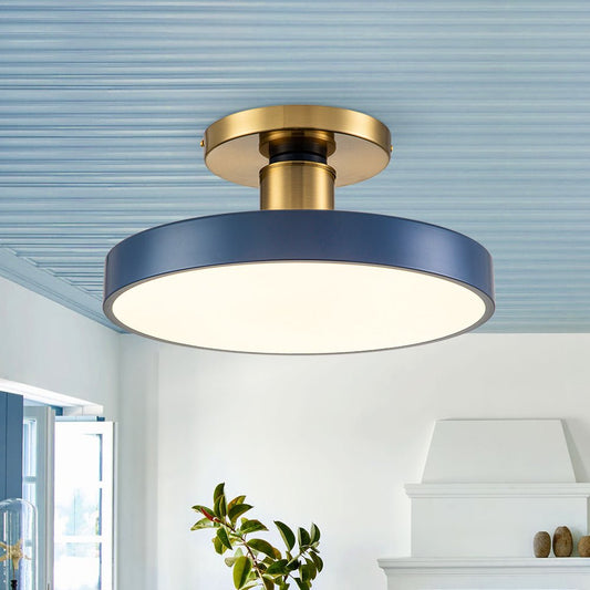 16-Inch Round LED Semi-Flush Ceiling Fixture Navy Blue with Brass Trim Dimmable 5 Color Temperatures for Bedroom Living Room Kitchen Hallway