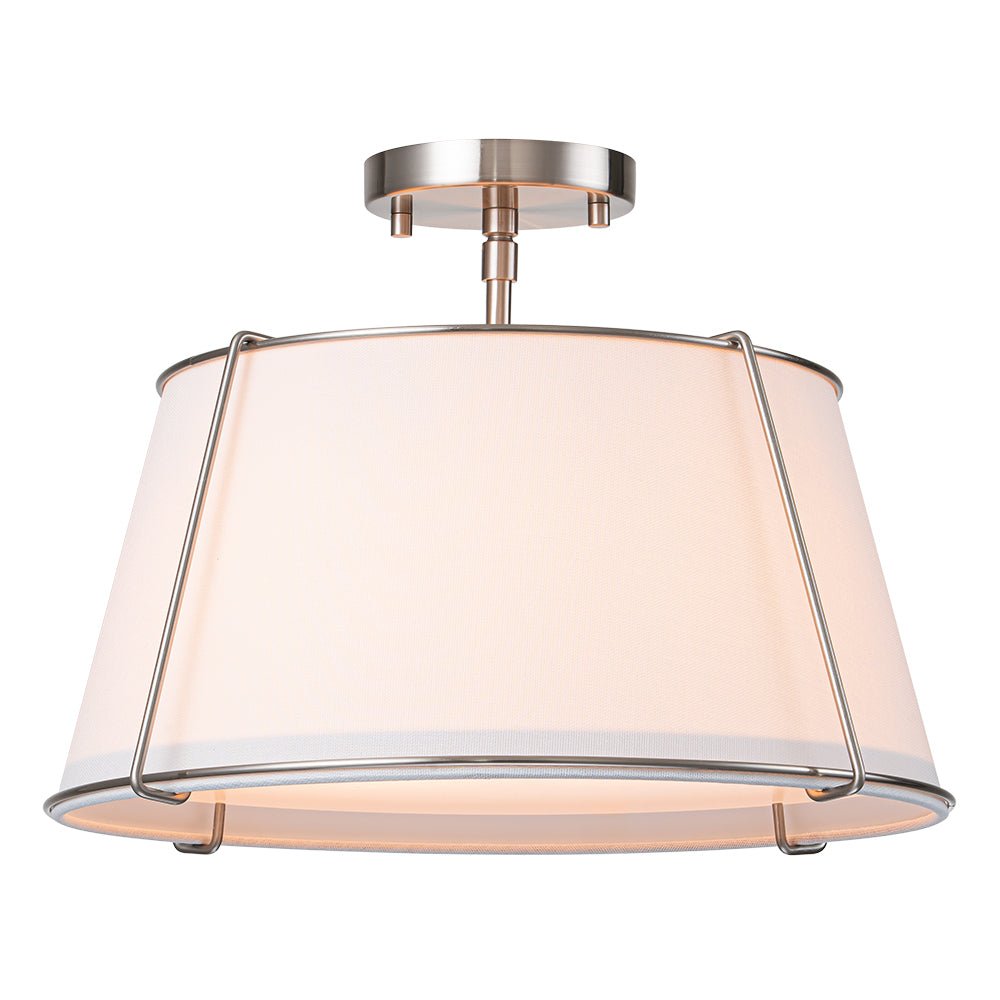 4-Light Linen Drum Semi Flush Ceiling Light with Brass Accents for Living Room, Dining Room, Bedroom | Mid-Century Modern Tapered Shade