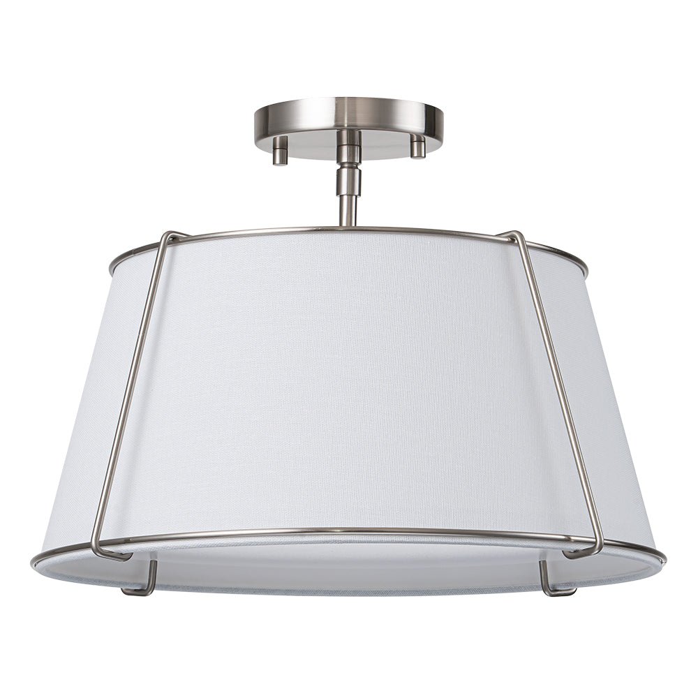 4-Light Linen Drum Semi Flush Ceiling Light with Brass Accents for Living Room, Dining Room, Bedroom | Mid-Century Modern Tapered Shade