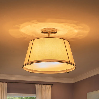 4-Light Linen Drum Semi Flush Ceiling Light with Brass Accents for Living Room, Dining Room, Bedroom | Mid-Century Modern Tapered Shade