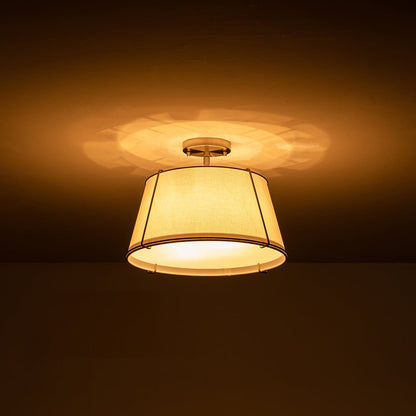 4-Light Linen Drum Semi Flush Ceiling Light with Brass Accents for Living Room, Dining Room, Bedroom | Mid-Century Modern Tapered Shade