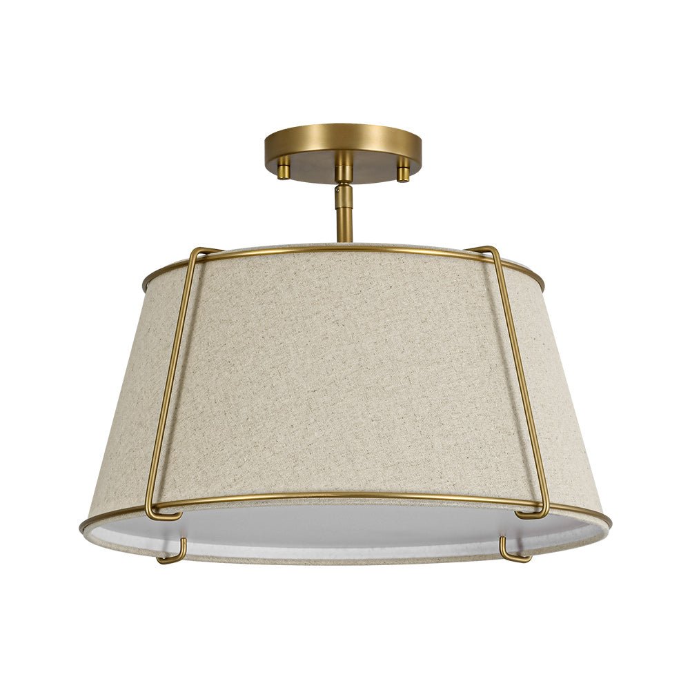 4-Light Linen Drum Semi Flush Ceiling Light with Brass Accents for Living Room, Dining Room, Bedroom | Mid-Century Modern Tapered Shade