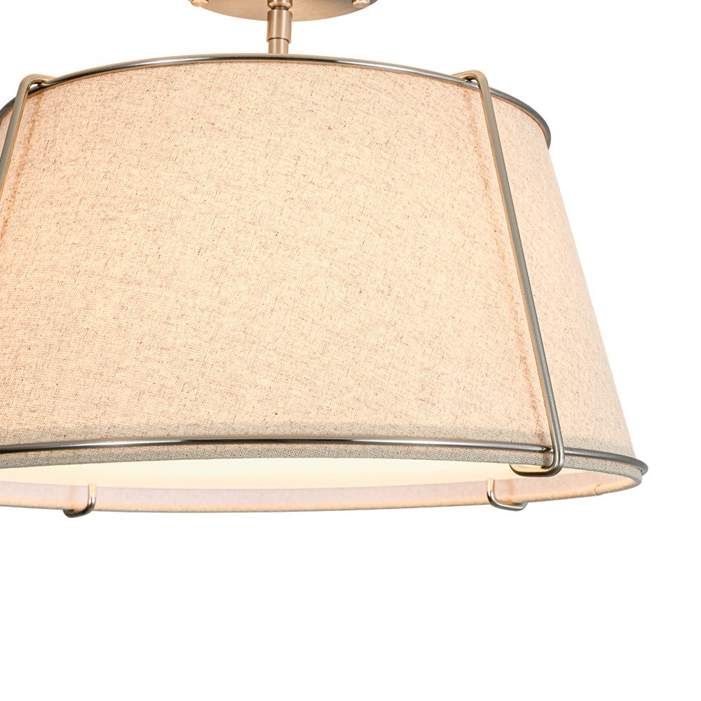 4-Light Linen Drum Semi Flush Ceiling Light with Brass Accents for Living Room, Dining Room, Bedroom | Mid-Century Modern Tapered Shade