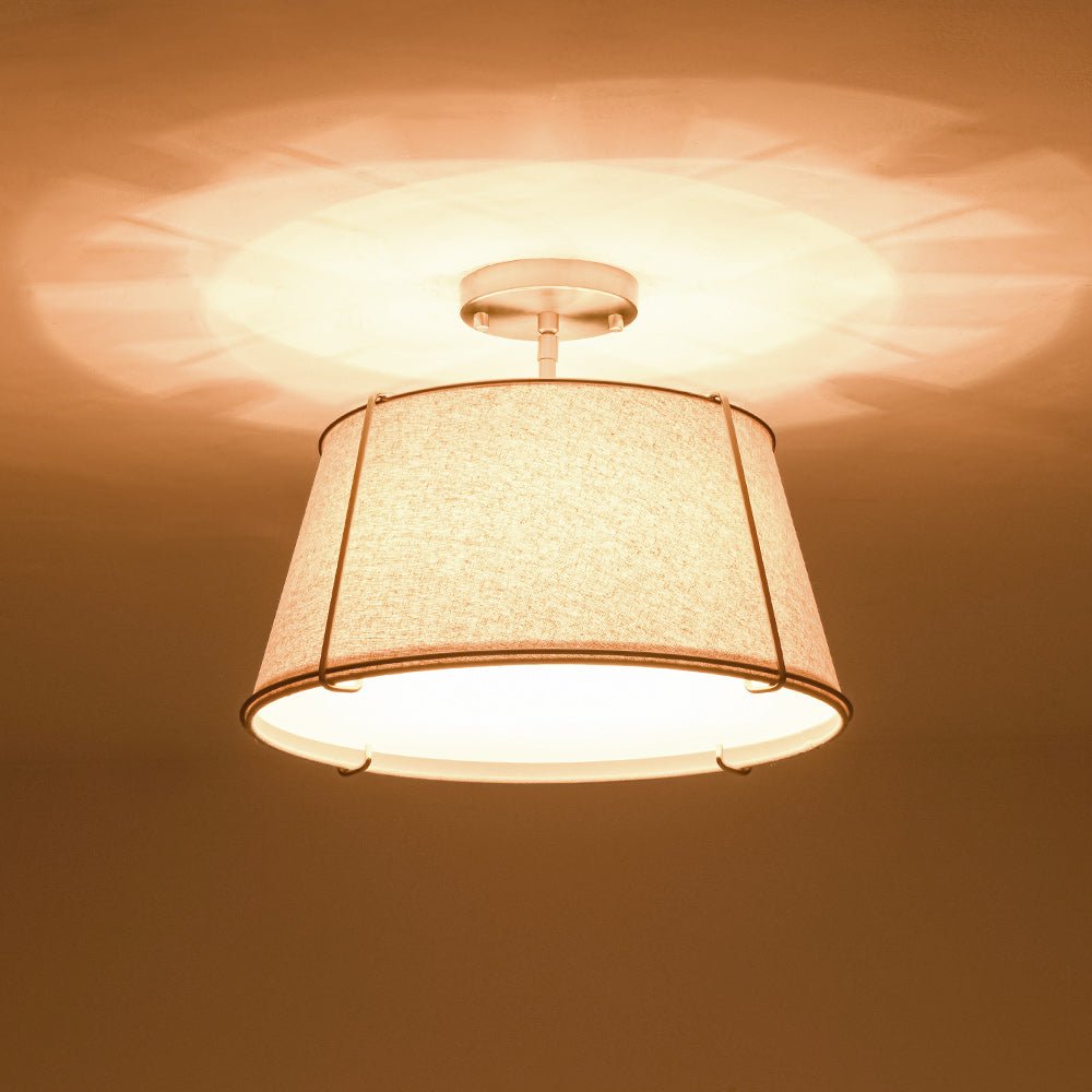 4-Light Linen Drum Semi Flush Ceiling Light with Brass Accents for Living Room, Dining Room, Bedroom | Mid-Century Modern Tapered Shade