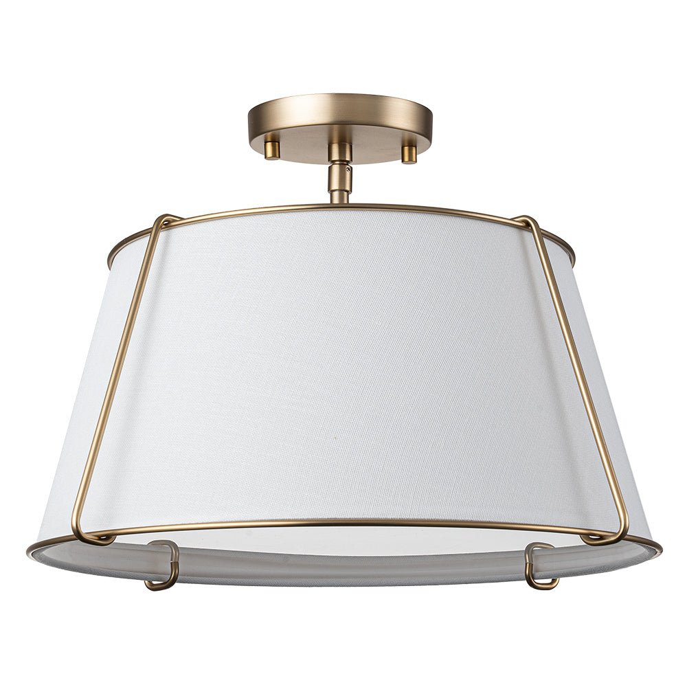 4-Light Linen Drum Semi Flush Ceiling Light with Brass Accents for Living Room, Dining Room, Bedroom | Mid-Century Modern Tapered Shade