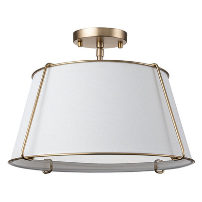 4-Light Linen Drum Semi Flush Ceiling Light with Brass Accents for Living Room, Dining Room, Bedroom | Mid-Century Modern Tapered Shade