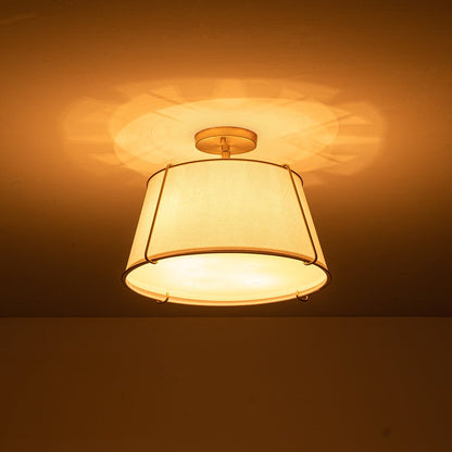4-Light Linen Drum Semi Flush Ceiling Light with Brass Accents for Living Room, Dining Room, Bedroom | Mid-Century Modern Tapered Shade