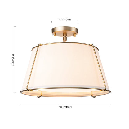 4-Light Linen Drum Semi Flush Ceiling Light with Brass Accents for Living Room, Dining Room, Bedroom | Mid-Century Modern Tapered Shade