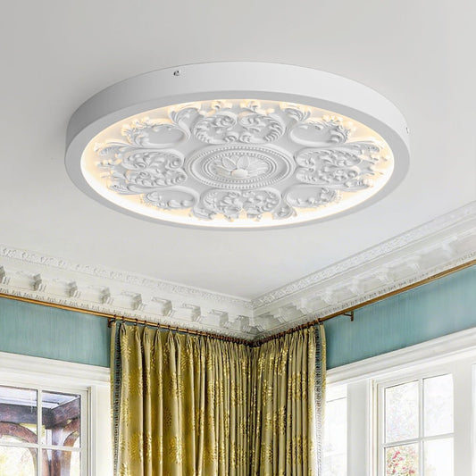 19-inch Resin LED Flush Mount Light with Relief Ornament Matte White Dimmable for Bedroom Living Room Hallway 3000K Warm Glow Decorative Low