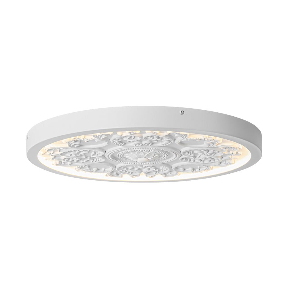 19-inch Resin LED Flush Mount Light with Relief Ornament Matte White Dimmable for Bedroom Living Room Hallway 3000K Warm Glow Decorative Low