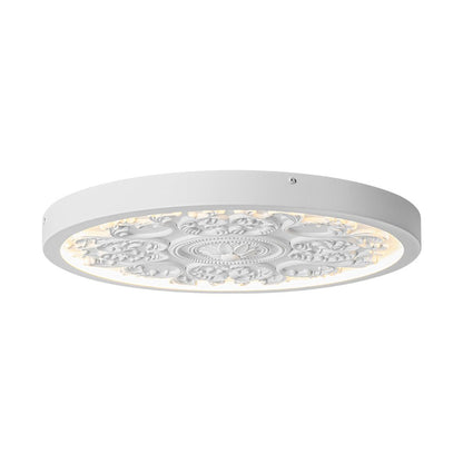 19-inch Resin LED Flush Mount Light with Relief Ornament Matte White Dimmable for Bedroom Living Room Hallway 3000K Warm Glow Decorative Low