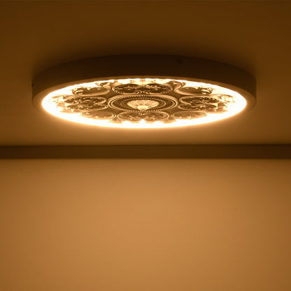 19-inch Resin LED Flush Mount Light with Relief Ornament Matte White Dimmable for Bedroom Living Room Hallway 3000K Warm Glow Decorative Low