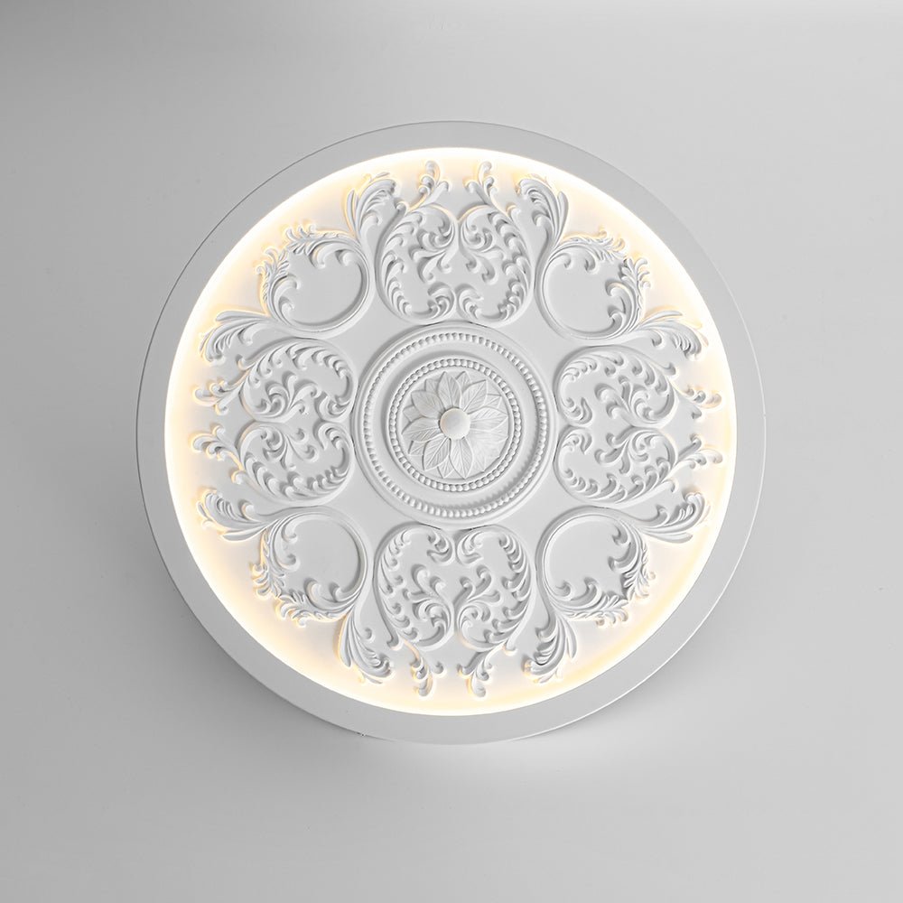 19-inch Resin LED Flush Mount Light with Relief Ornament Matte White Dimmable for Bedroom Living Room Hallway 3000K Warm Glow Decorative Low
